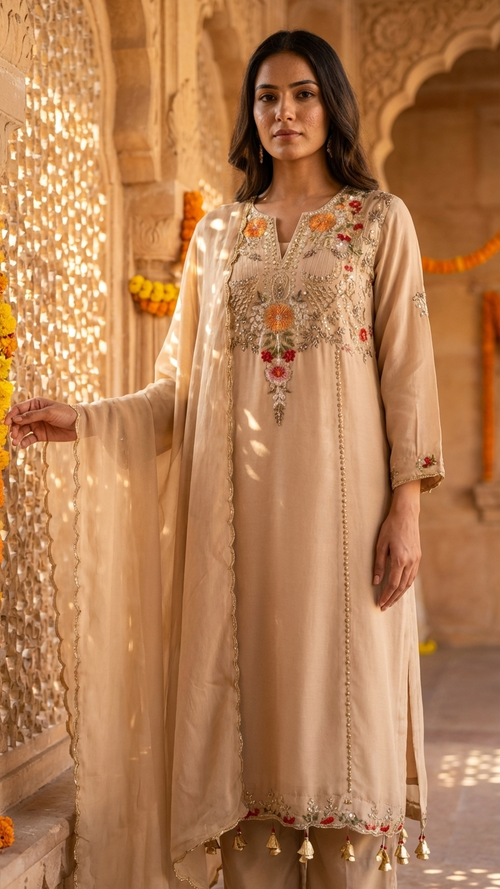 Beige Floral Embroidered Kurta Set